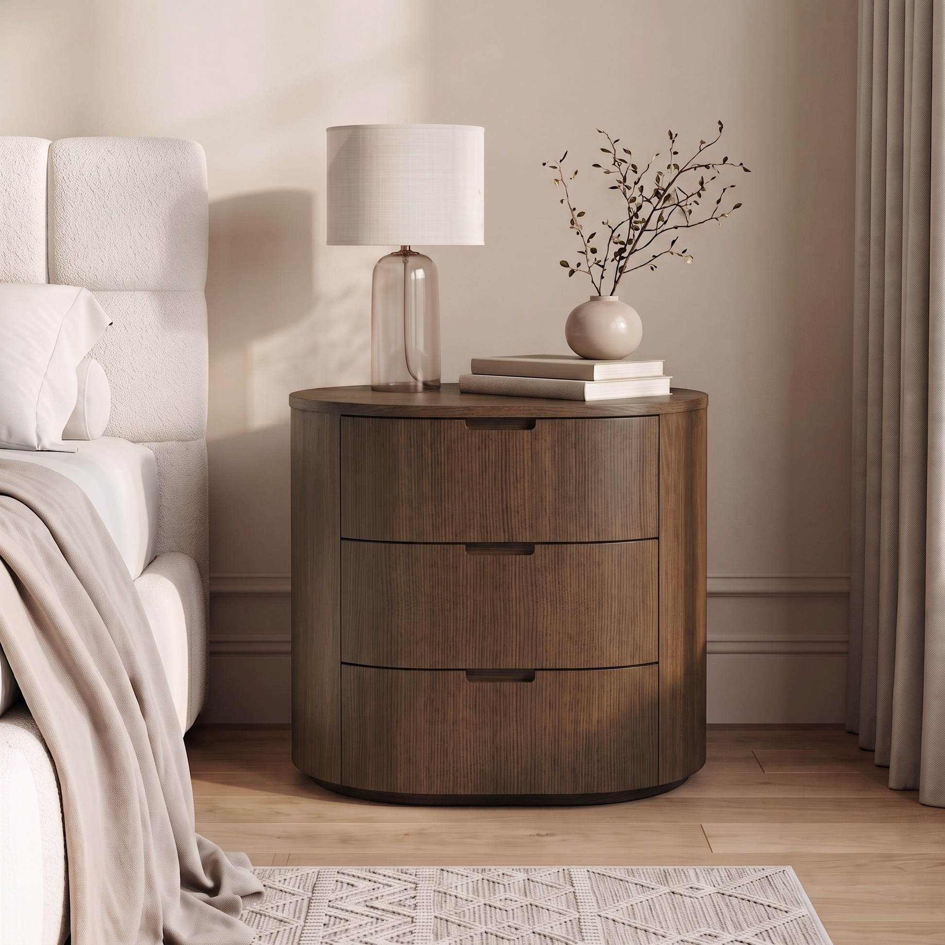 Wooden three-drawer nightstand styled in a bedroom next to a bed