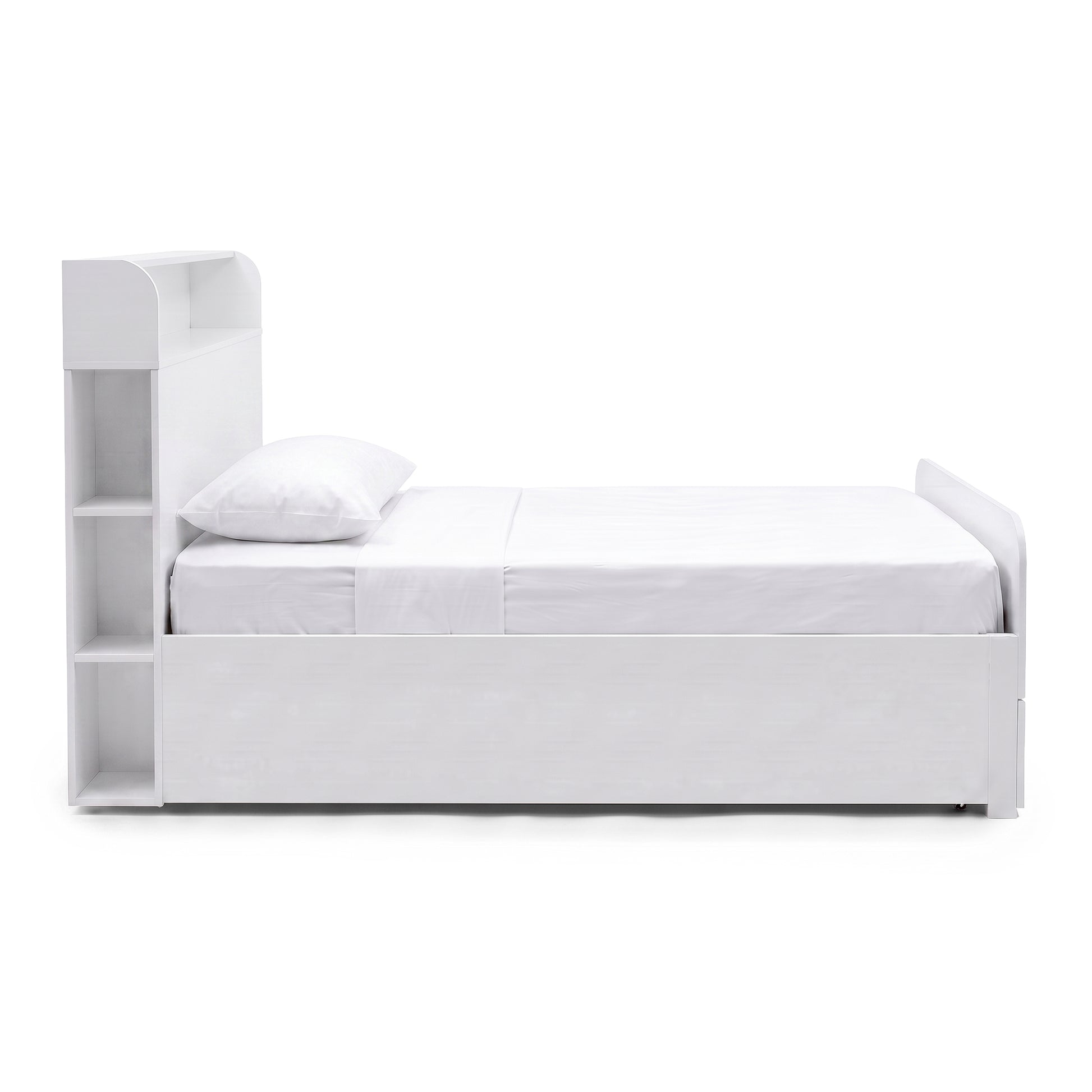 Side view of a white bed with integrated shelving in the headboard on a white background.