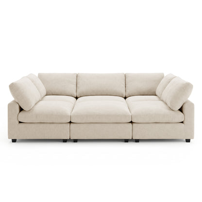 Front view of a beige sectional sofa on a white background