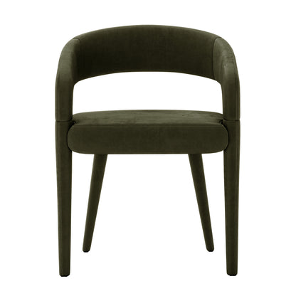 Eisha Velvet Dining Chair Set of 2 in Woodland Green, features a modern open-back design, upholstered in plush fabric with slim, tapered legs, offering stylish comfort and easy integration into dining spaces.