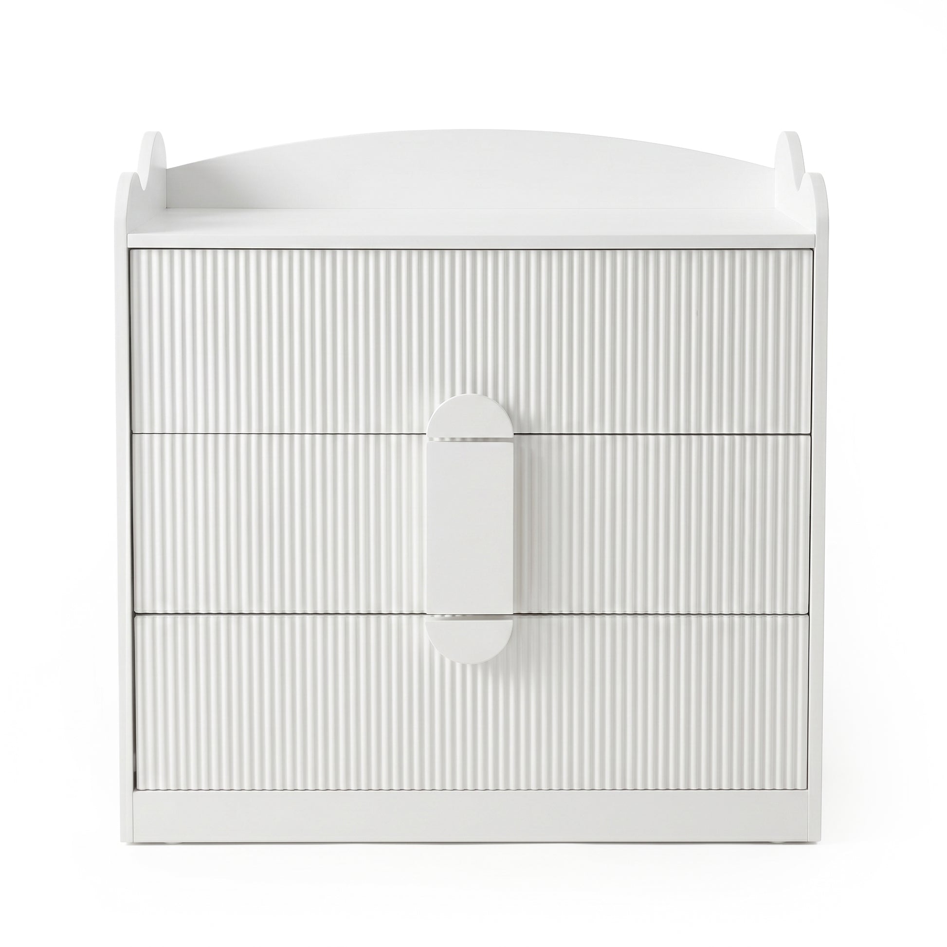 White three-drawer dresser on a white background, front view