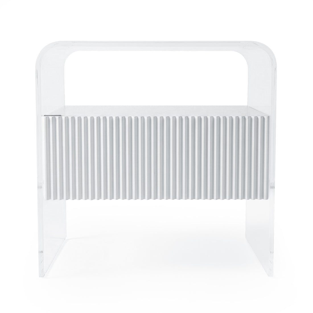 white acrylic nightstand on white background showing ribbed drawer front