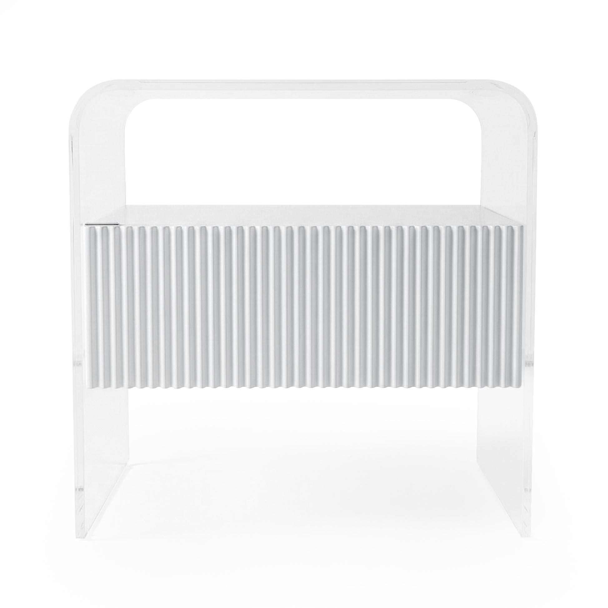 white acrylic nightstand on white background showing ribbed drawer front