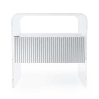 white acrylic nightstand on white background showing ribbed drawer front