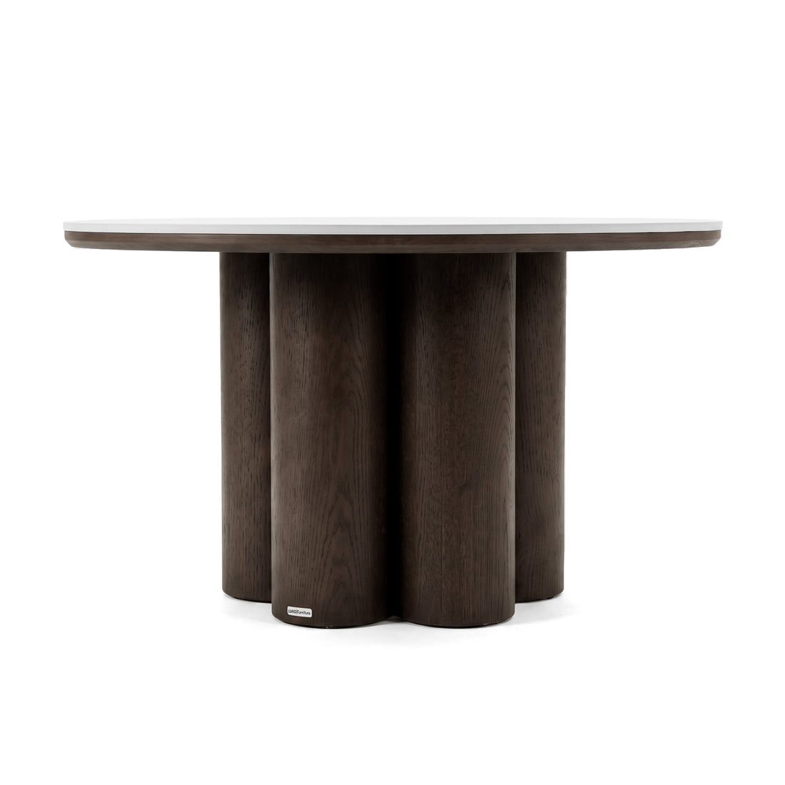 Modern round table with thick top and cylindrical base on a white background