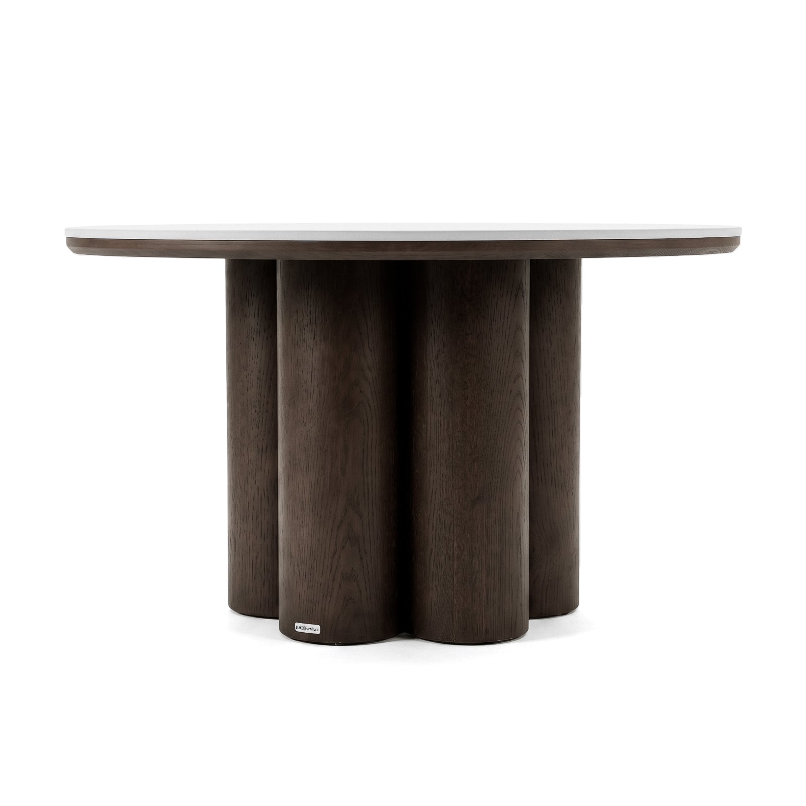 Modern round table with thick top and cylindrical base on a white background
