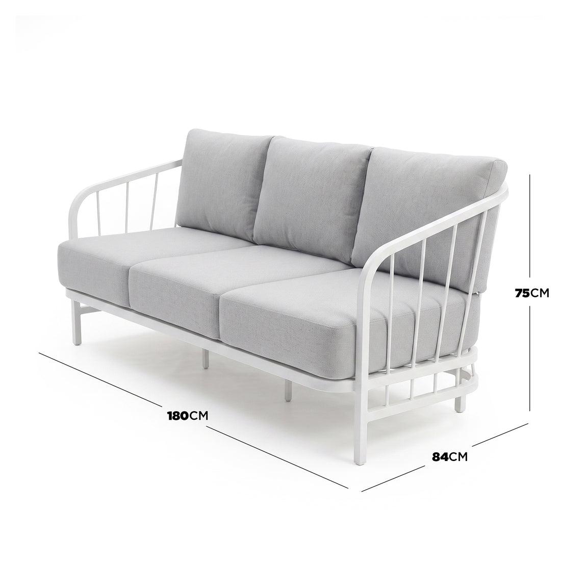 Three-seater sofa on white background with width, depth, and height measurements displayed