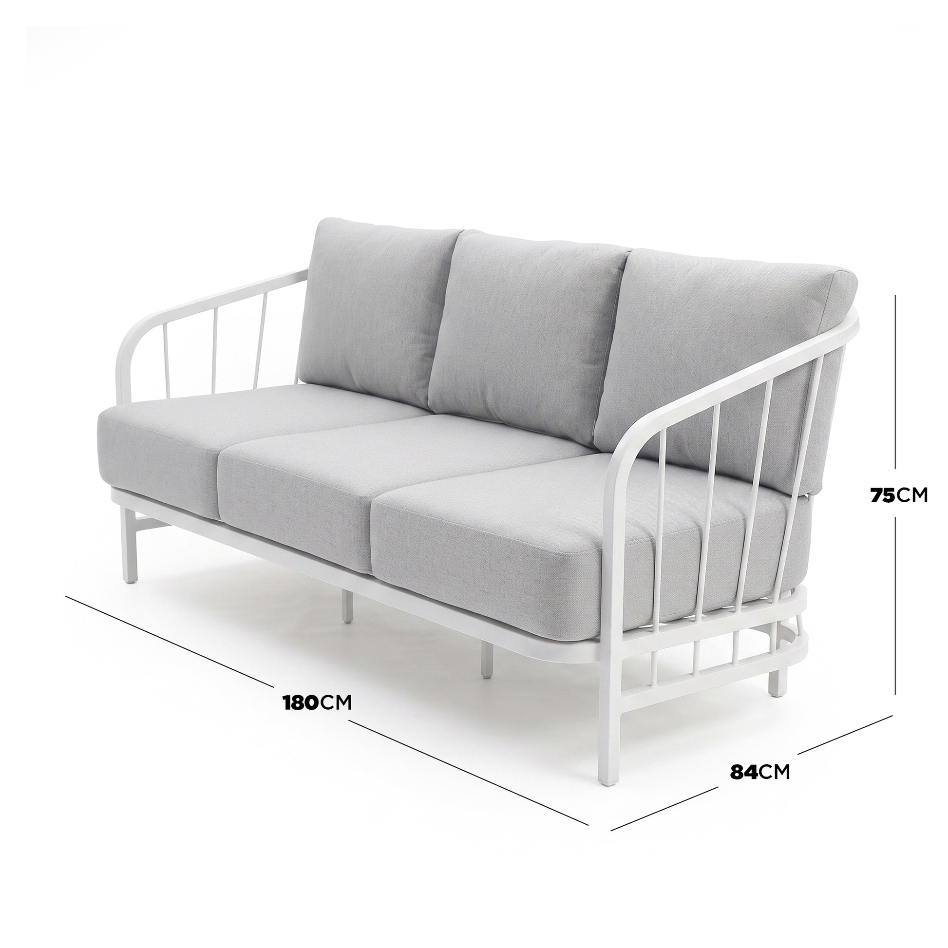 Three-seater sofa on white background with width, depth, and height measurements displayed