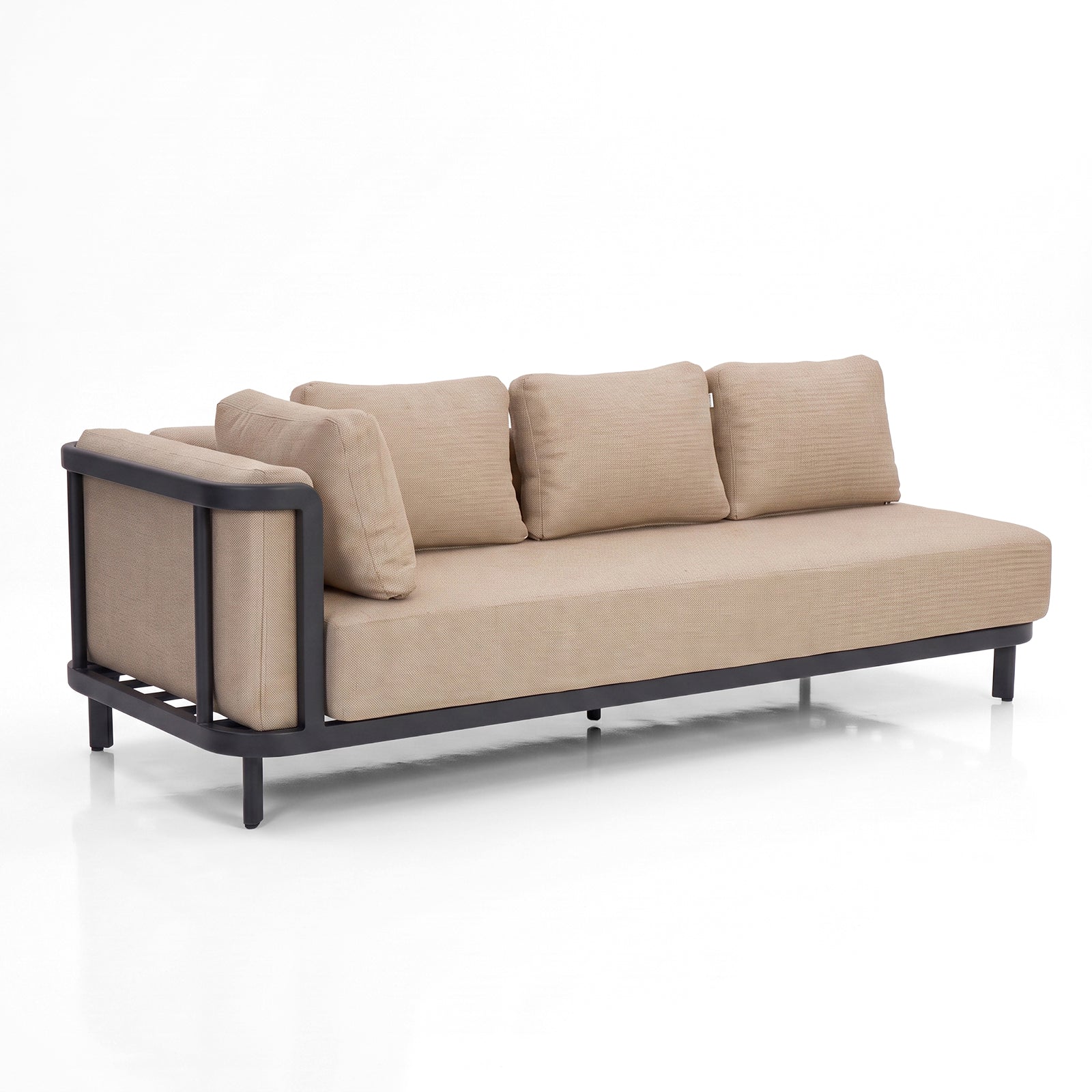 Contemporary beige sofa with black metal frame on white background.
