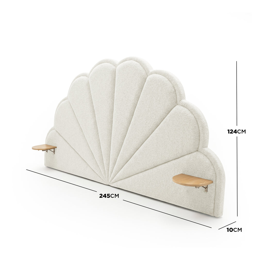 Scalloped fan-shaped headboard with measurements on white background