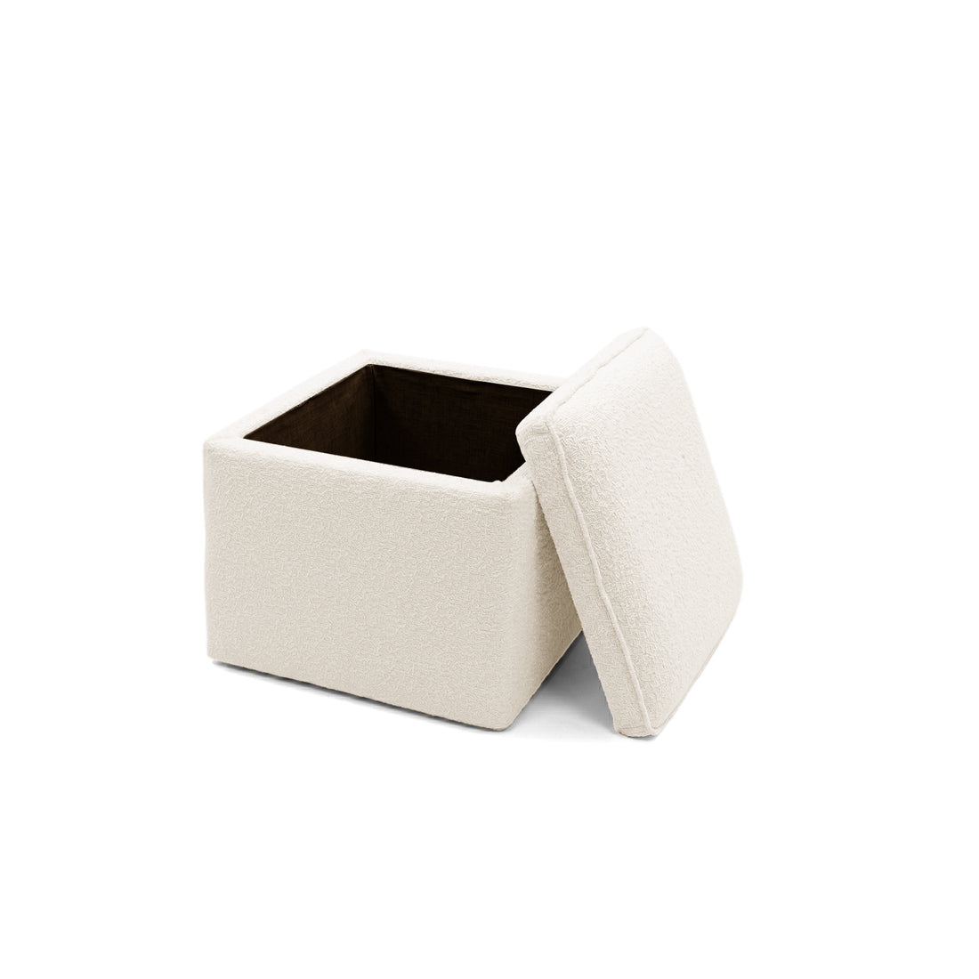 Off-white textured storage ottoman with lid removed on white background