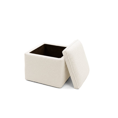 Off-white textured storage ottoman with lid removed on white background