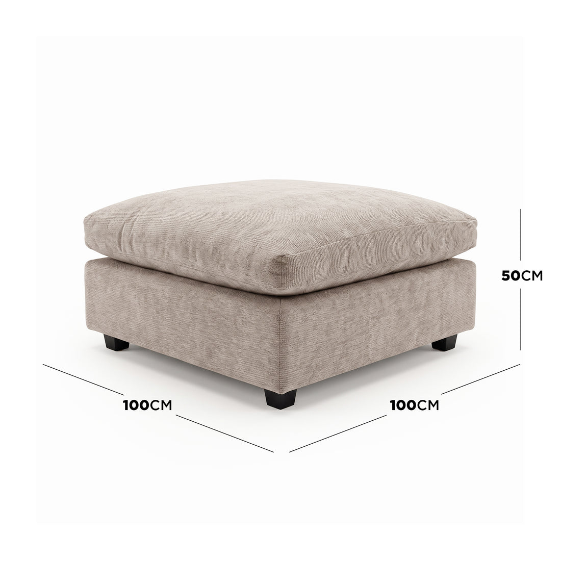 Beige square upholstered ottoman on a white background with dimensions shown.