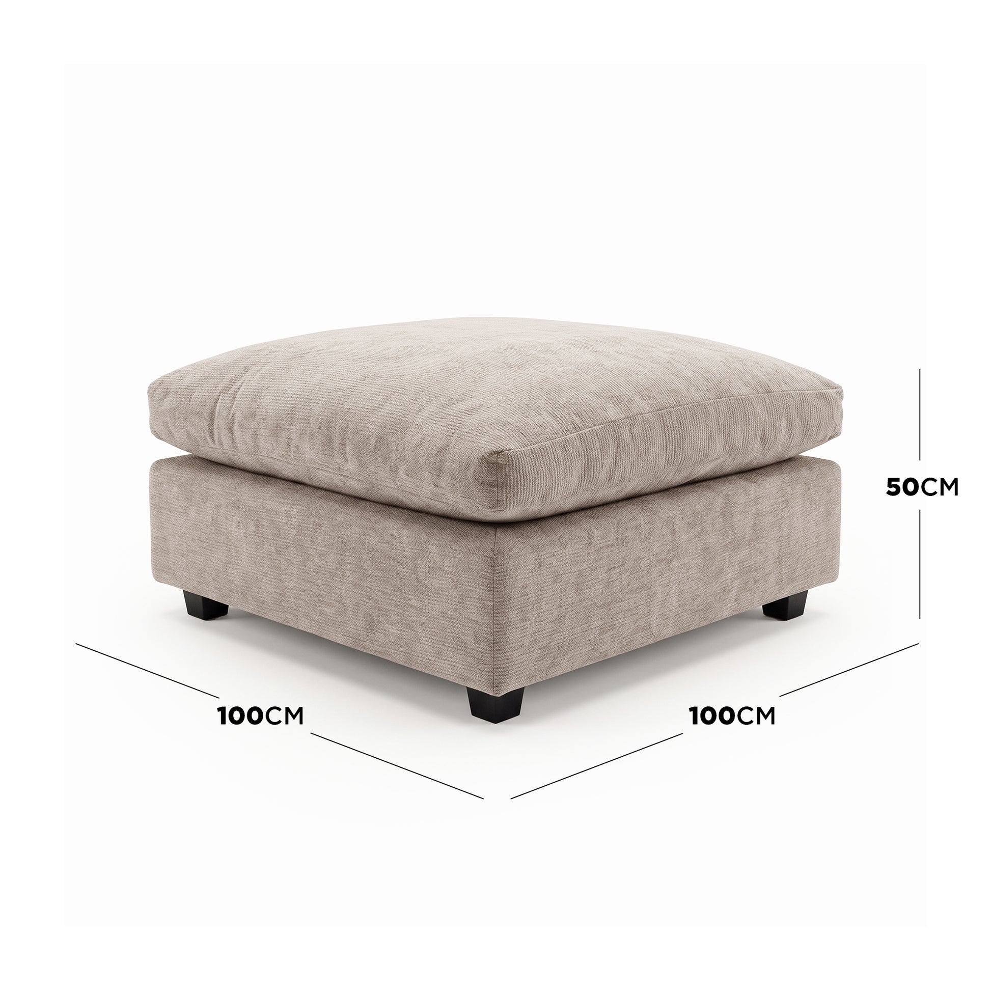 Beige square upholstered ottoman on a white background with dimensions shown.