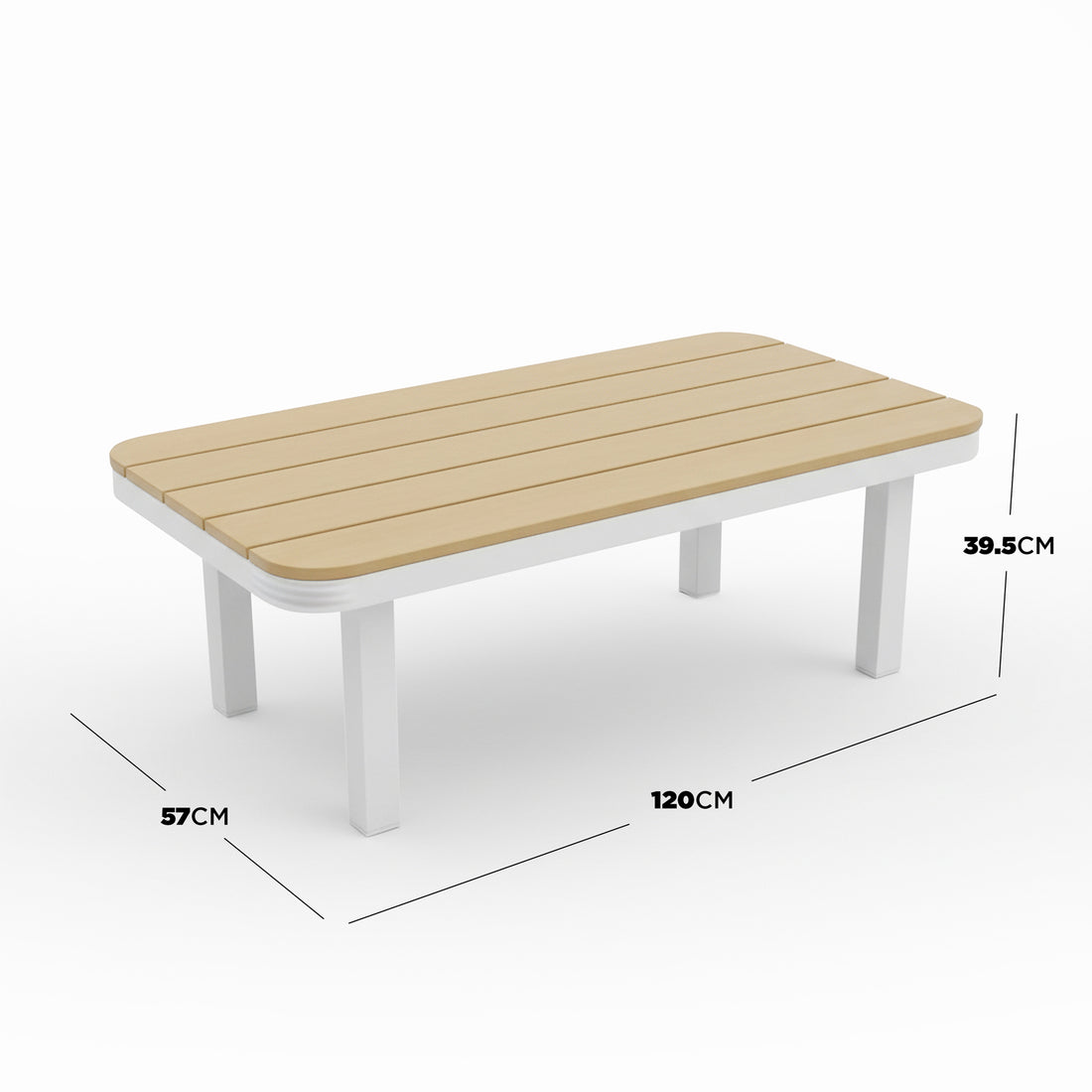 Sierra Outdoor Lounge Set in Grey featuring a low, rectangular bench with a light-wood slatted top, white legs, measuring 120 cm long, 57 cm deep, and 39.5 cm high, perfect for resort-style outdoor comfort.