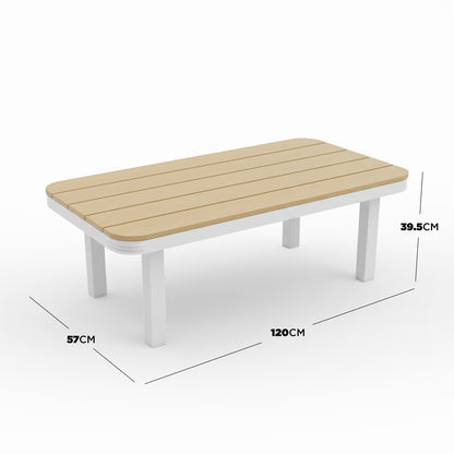 Sierra Outdoor Lounge Set in Grey featuring a low, rectangular bench with a light-wood slatted top, white legs, measuring 120 cm long, 57 cm deep, and 39.5 cm high, perfect for resort-style outdoor comfort.