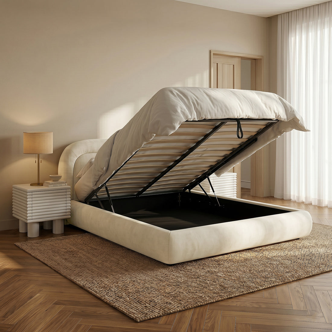 Storage bed with lift-up platform in a styled bedroom
