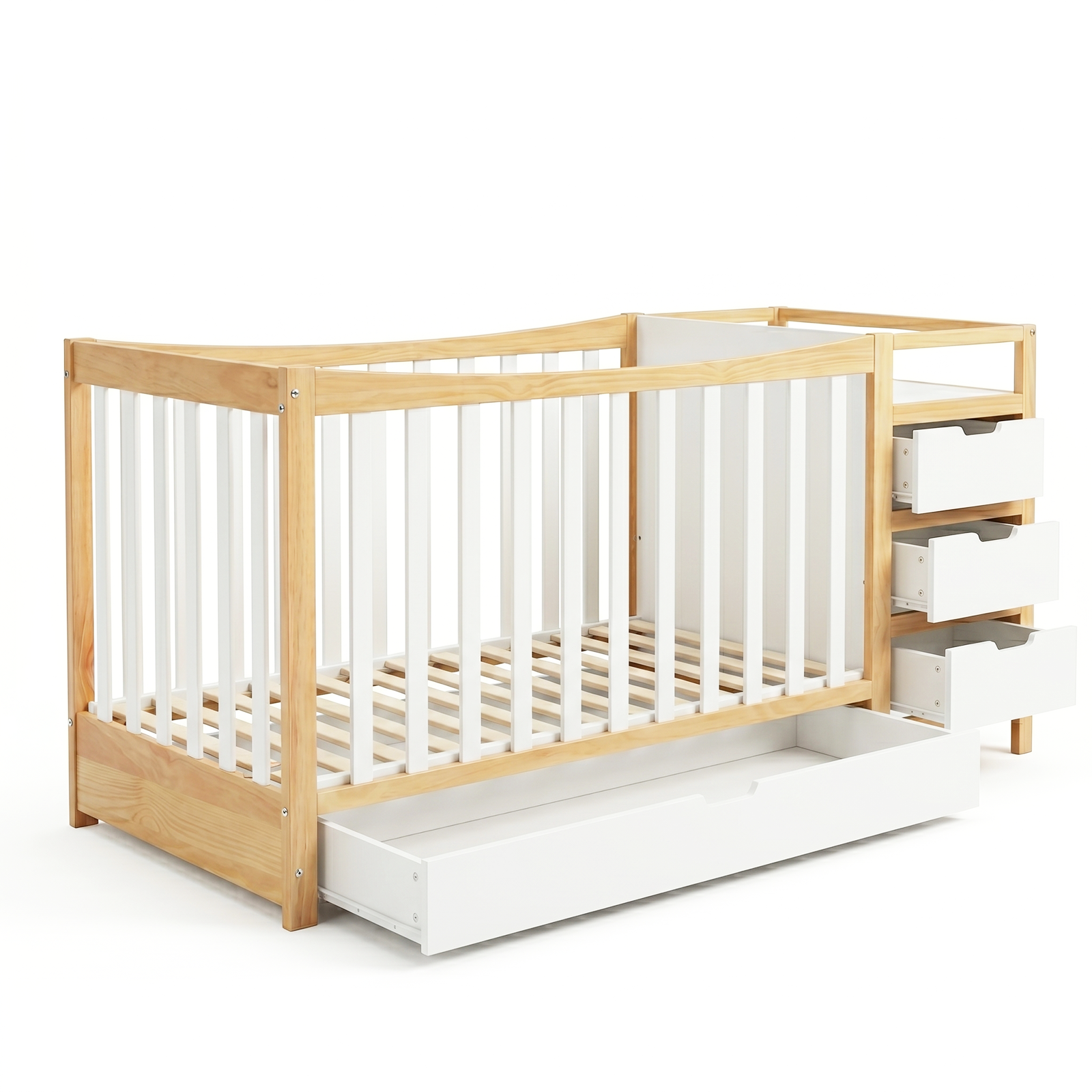 Modern baby crib with storage drawers on a white background