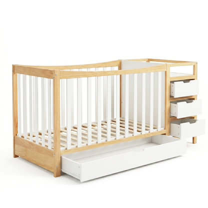 Modern baby crib with storage drawers on a white background