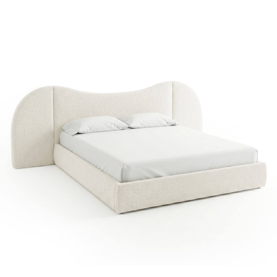 Beige upholstered bed with curved headboard on white background