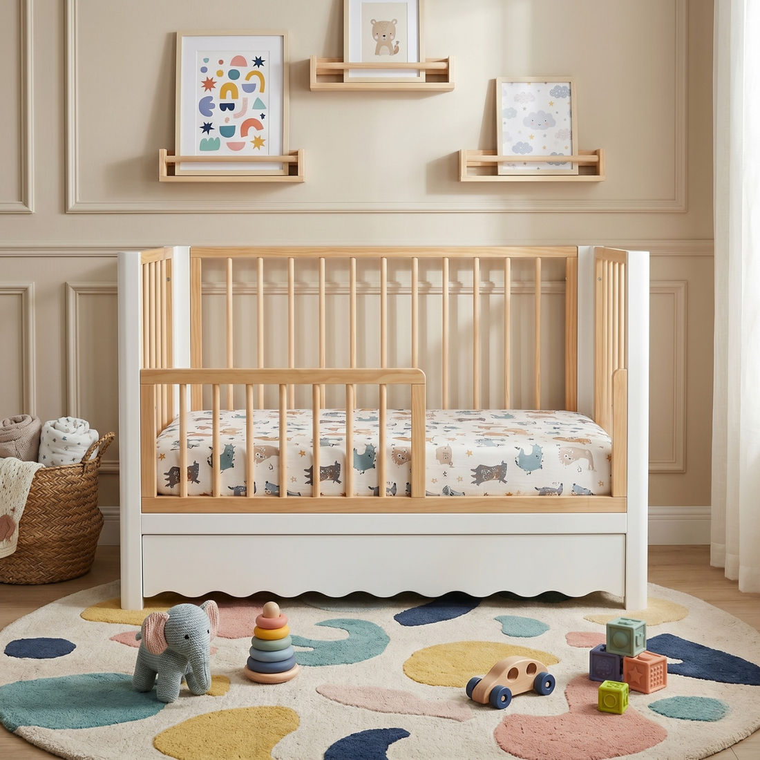 Wood and white crib in a softly lit nursery with artwork, rug, and baby toys