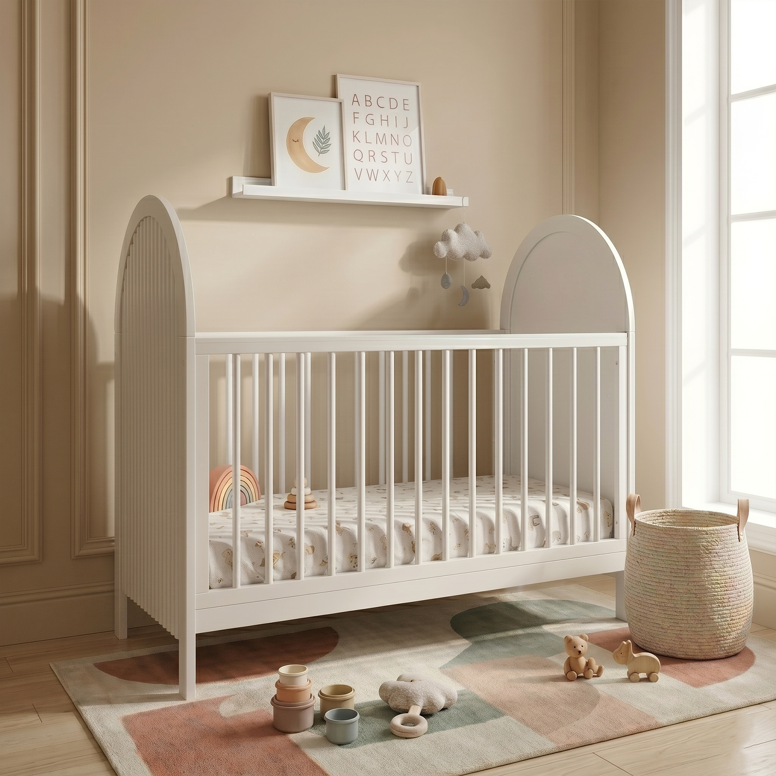 White baby crib in a softly lit nursery with pastel rug, toys, and alphabet wall art