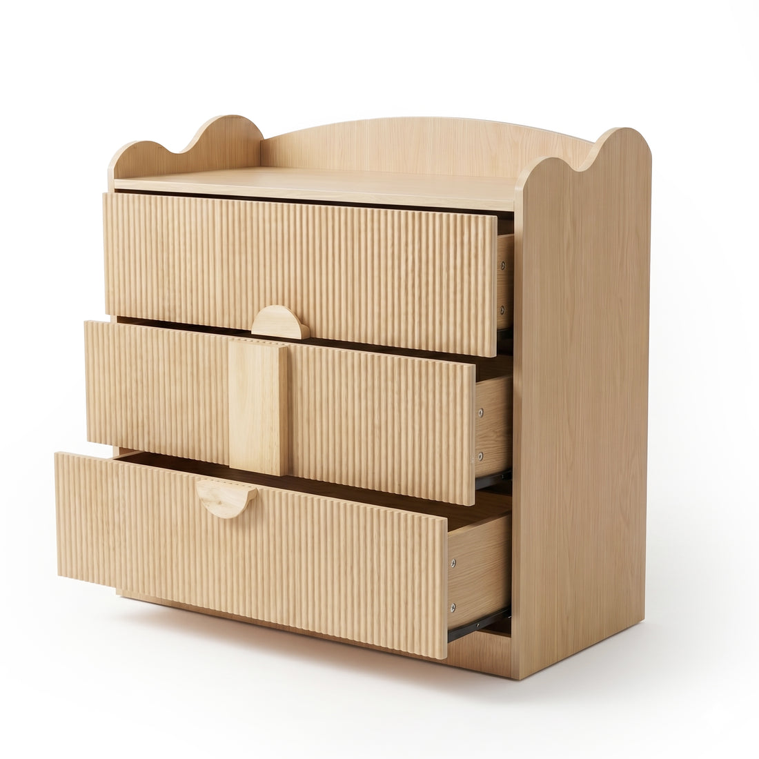 Wooden dresser with three drawers open on a white background