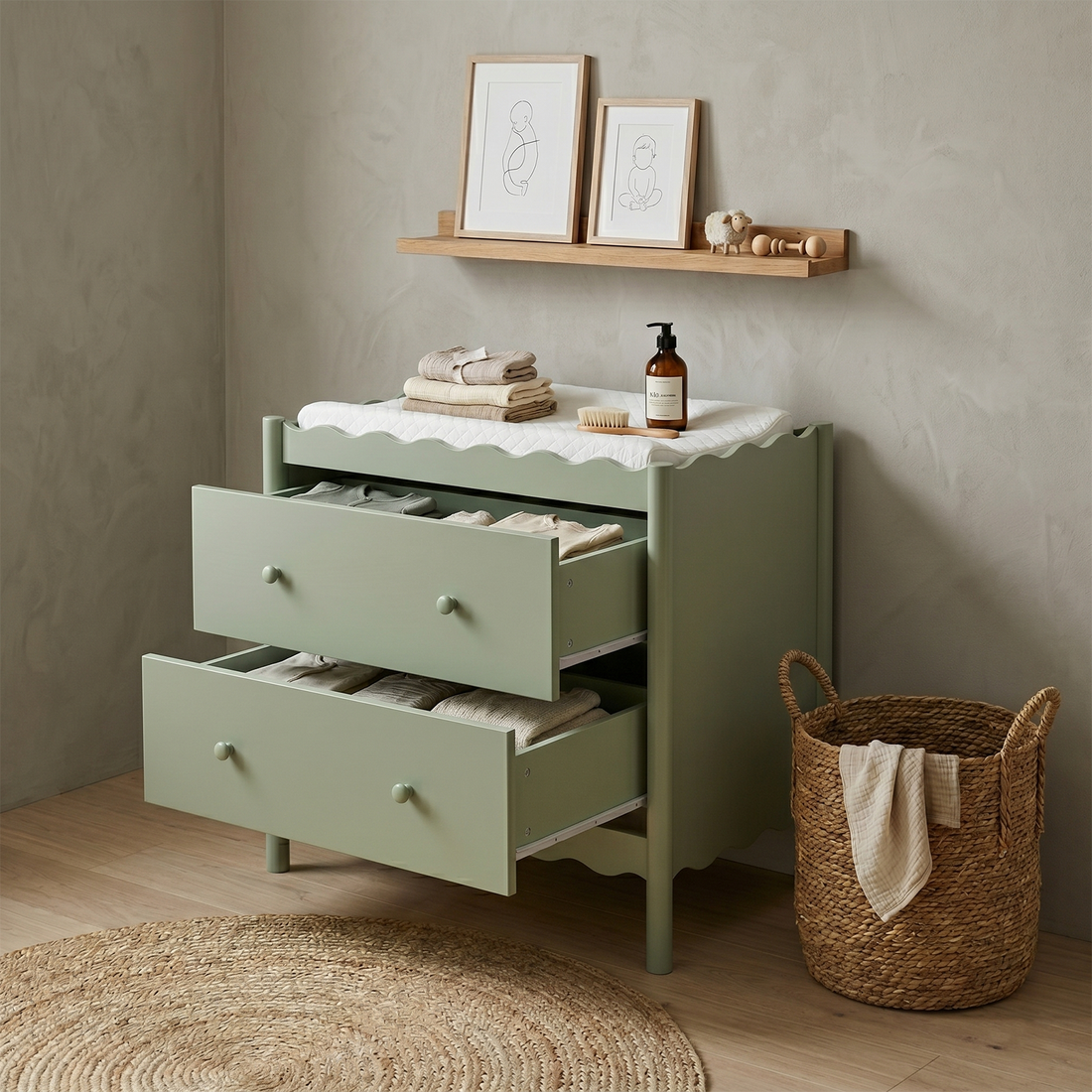 Sage green dresser or changing table styled in a modern room with accessories