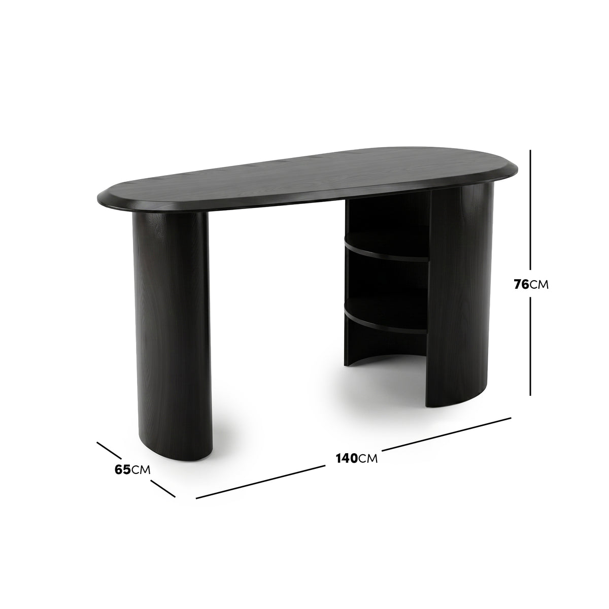 Black desk on white background with width, depth, and height measurements shown