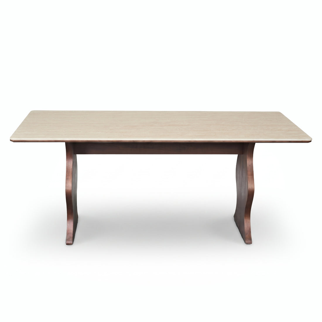 Rectangular wooden table with dark curved legs on a white background