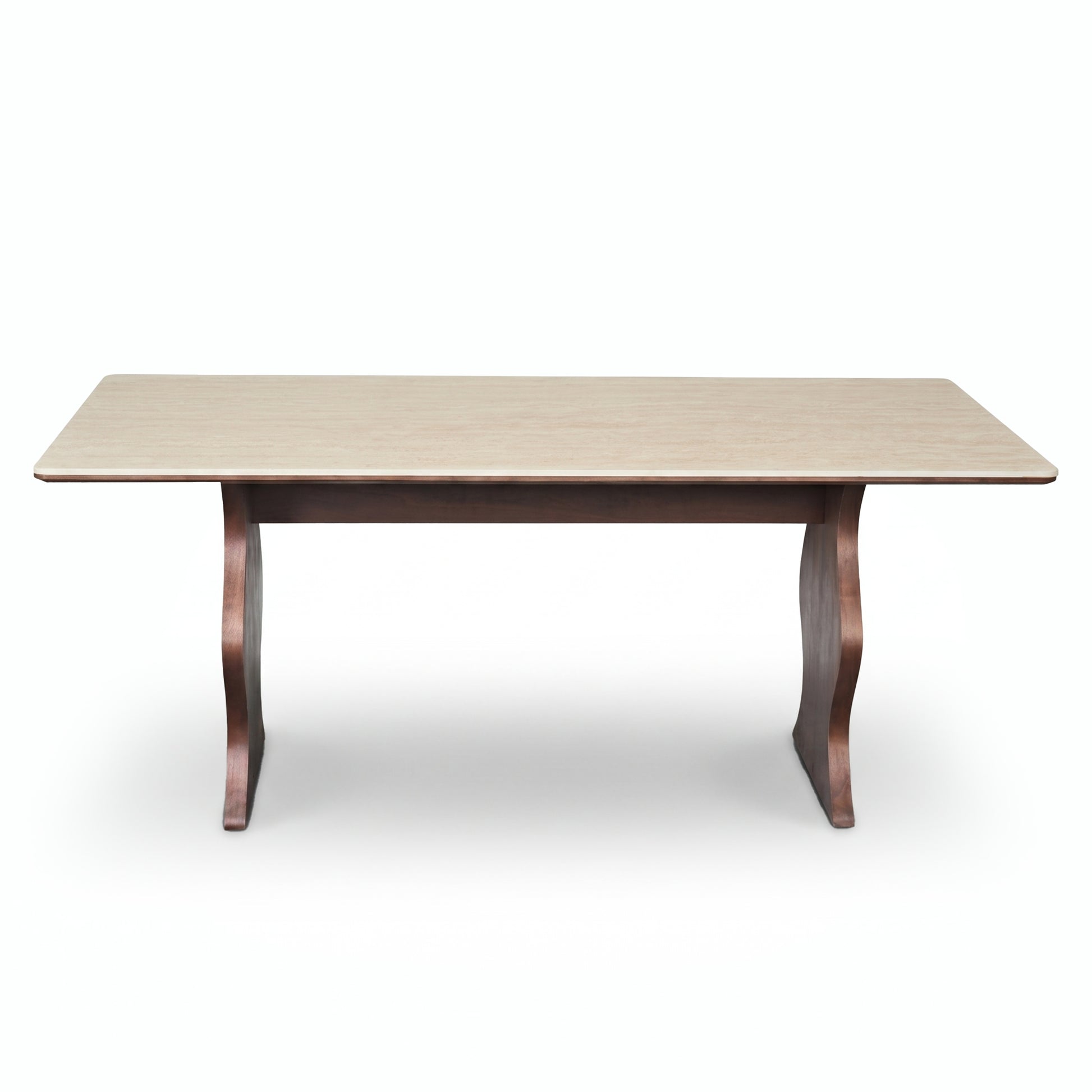 Rectangular wooden table with dark curved legs on a white background