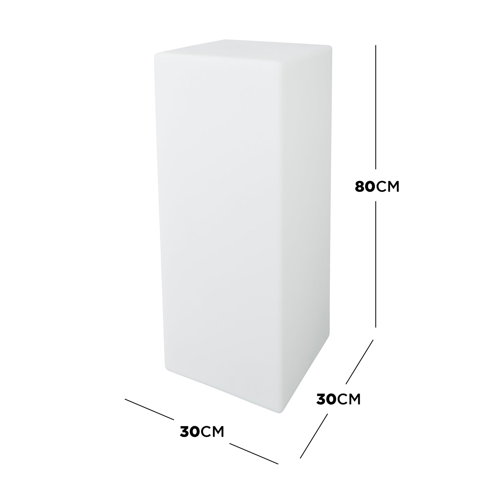 3D-rendered Colour Changing LED Column Light, measuring 80cm high, 30cm wide, and 30cm deep, on a white background, showcasing its sleek, rectangular design for versatile indoor and outdoor use.