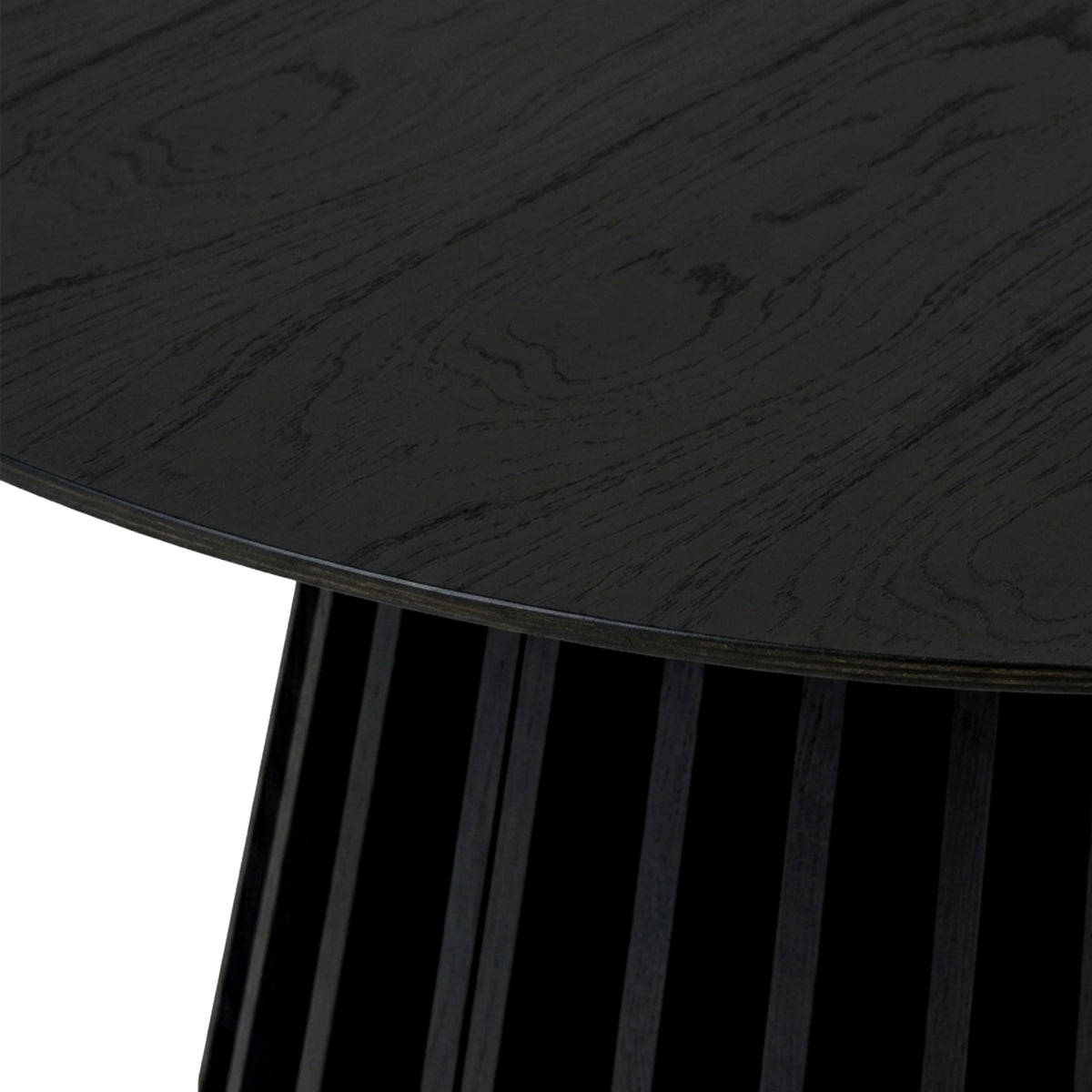 Close-up of dark wood tabletop edge and slatted base detail
