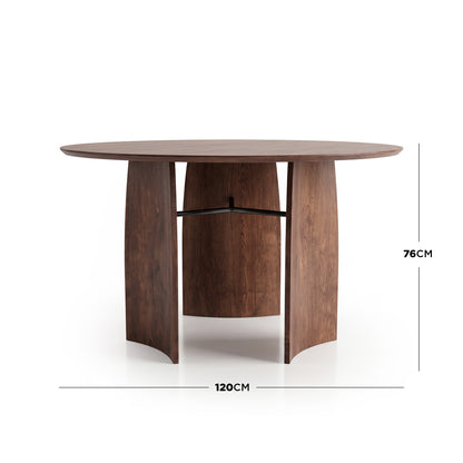 Round wooden table on white background with dimensions 120CM and 76CM shown