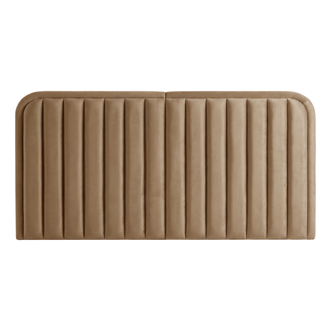 Tan upholstered headboard with vertical quilted panels on a white background