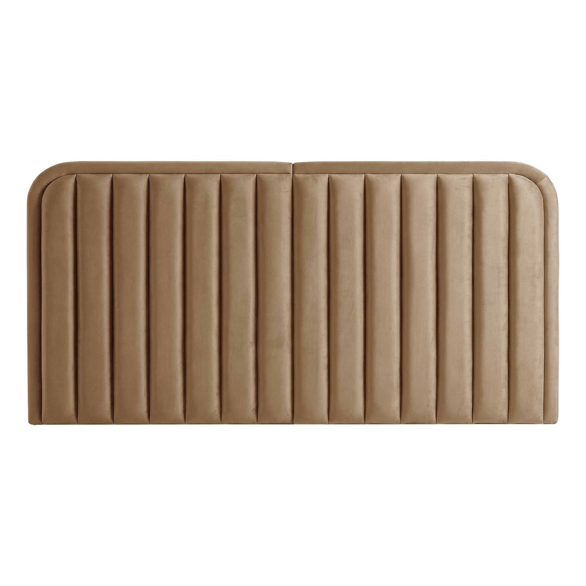Tan upholstered headboard with vertical quilted panels on a white background