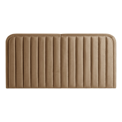 Tan upholstered headboard with vertical quilted panels on a white background