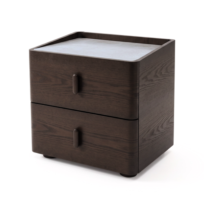 Modern dark wooden two-drawer nightstand on a white background.