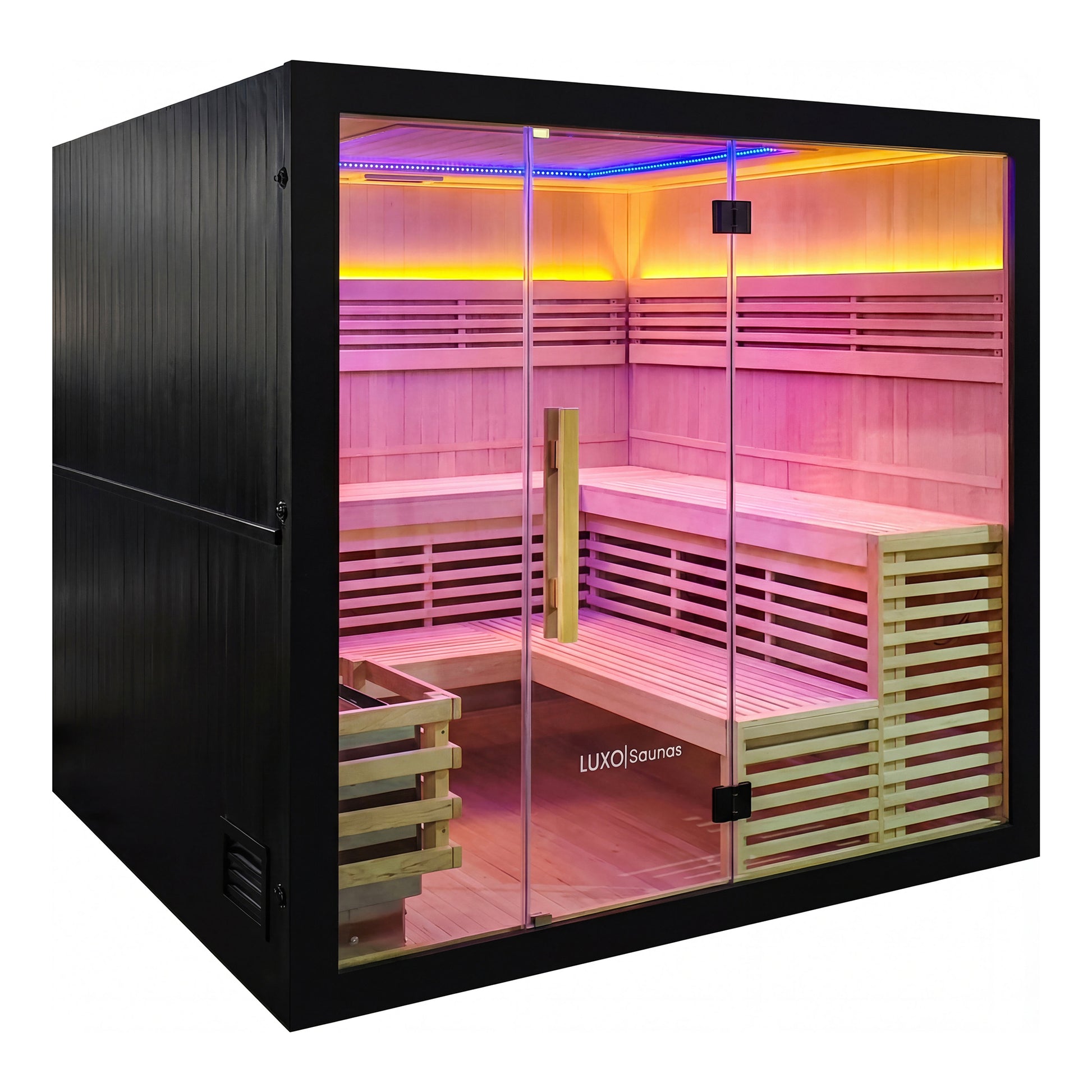 Modern sauna cabin with glass front, black exterior, and colorful interior lighting on a white background