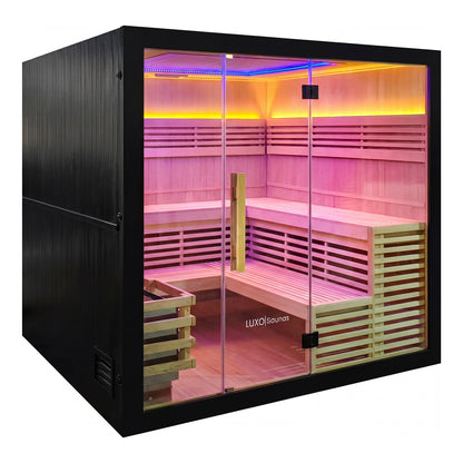 Modern sauna cabin with glass front, black exterior, and colorful interior lighting on a white background