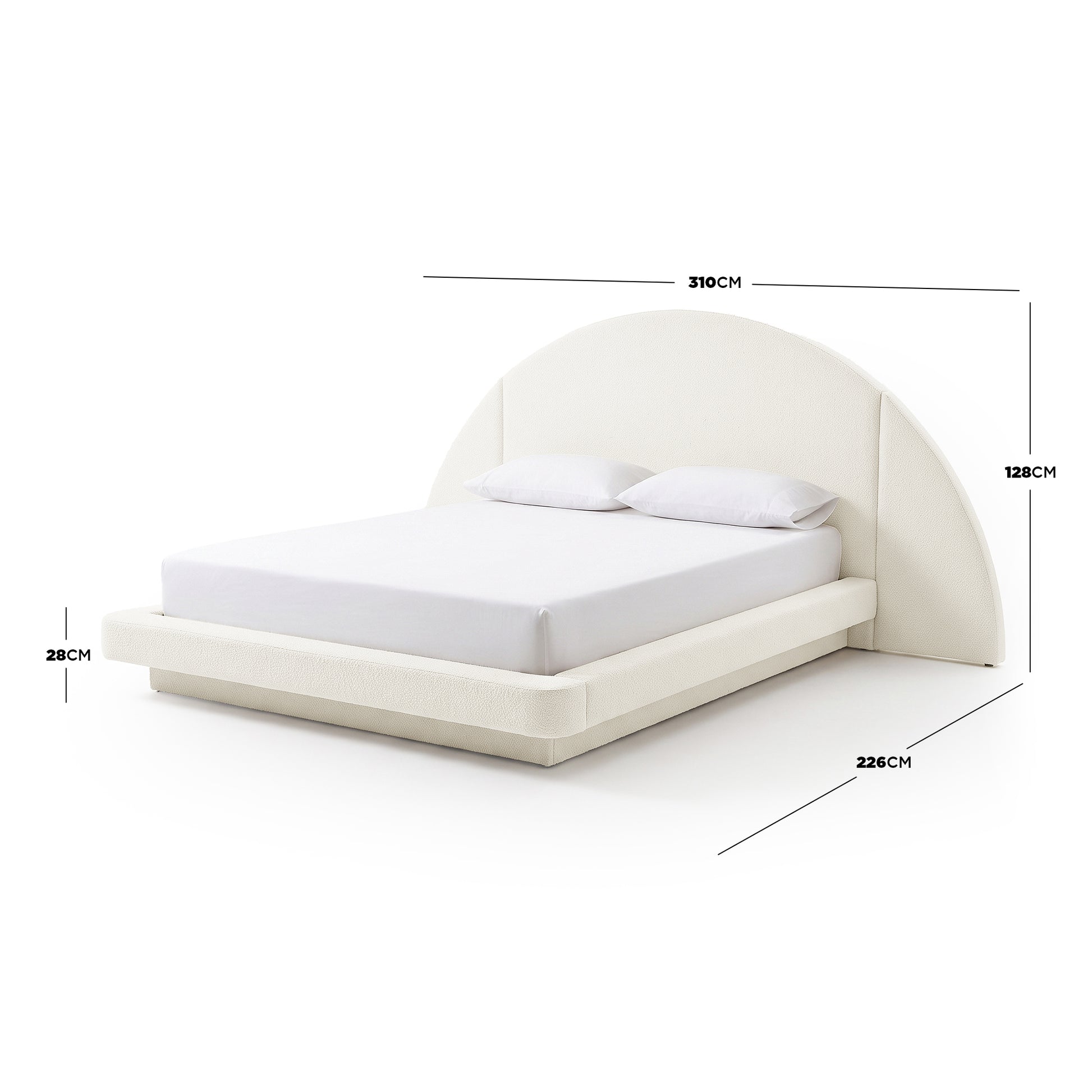 Upholstered bed on a white background with dimension measurements shown