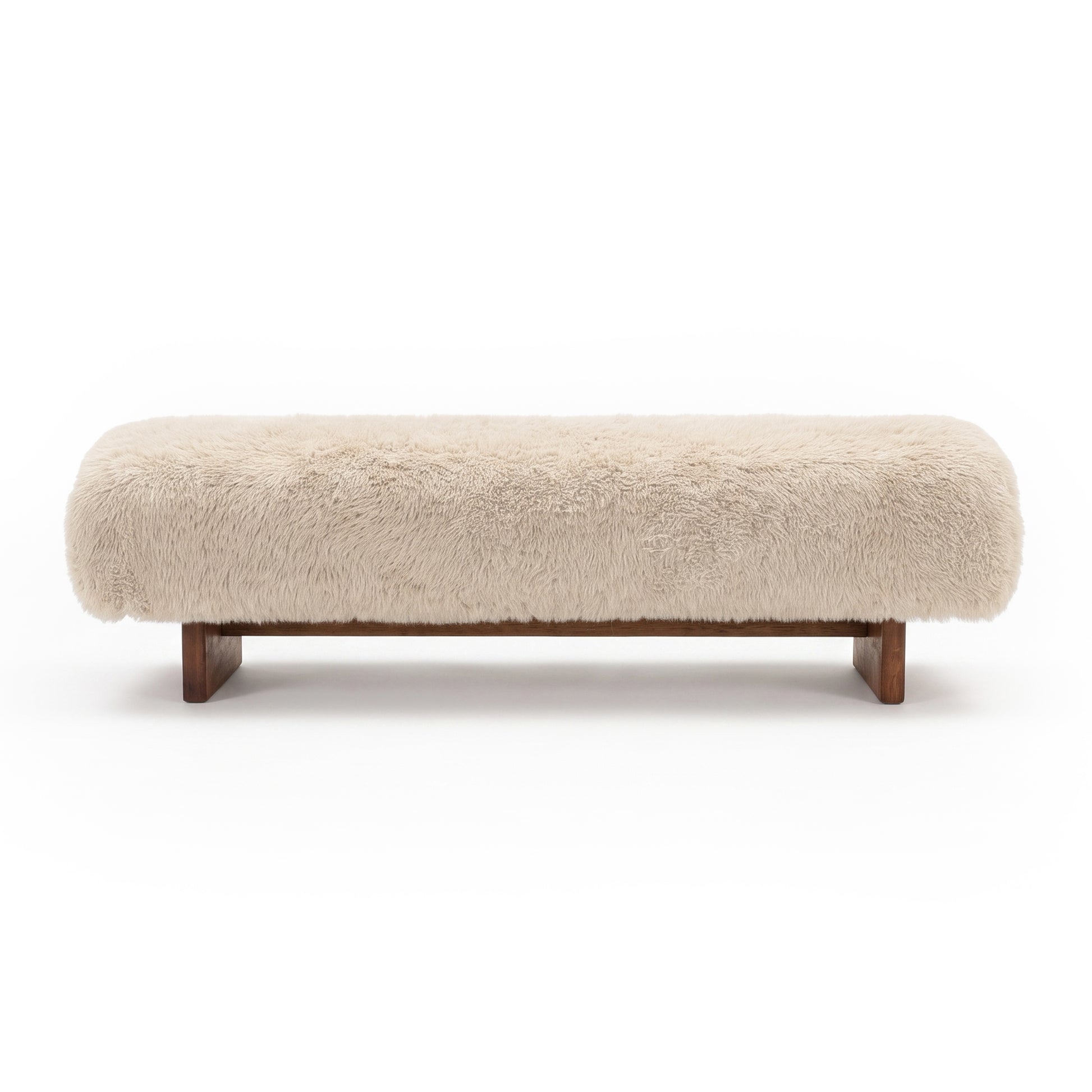 Beige plush upholstered bench with wooden legs on a white background