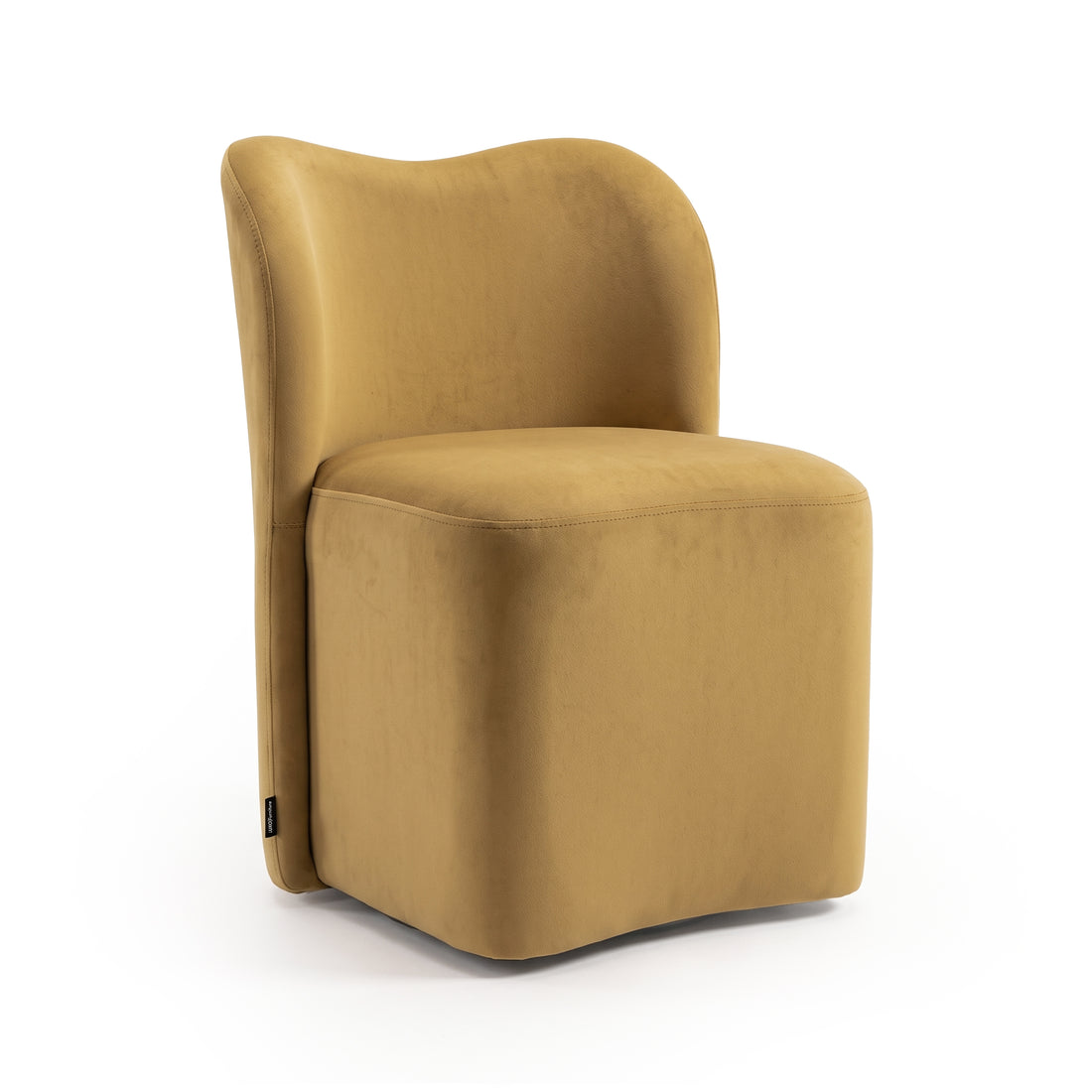 Modern mustard yellow accent chair centered on a white background