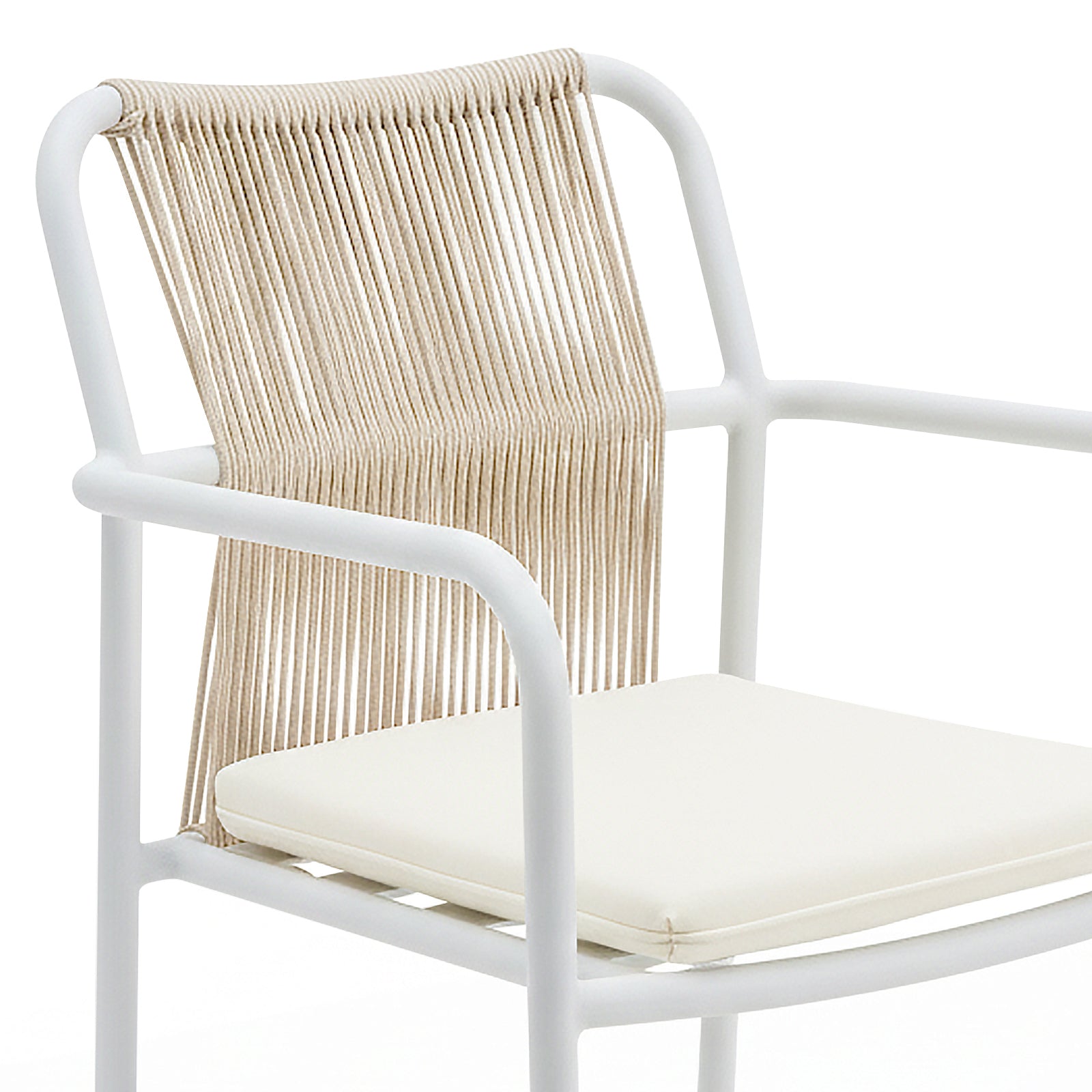 Evone Aluminium Rope Outdoor Dining Chair in Natural features a white metal frame, beige rope backrest, and a white cushion seat, blending modern design with coastal charm for outdoor settings.