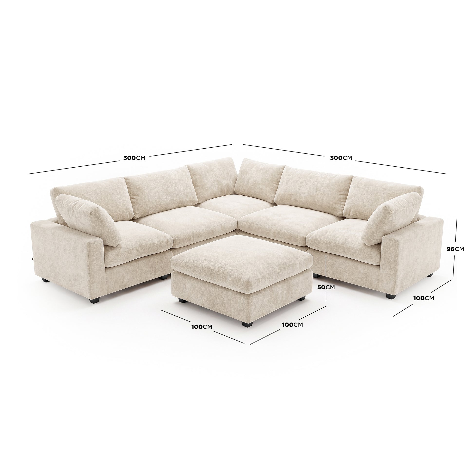 Beige sectional sofa with ottoman on white background with dimension lines