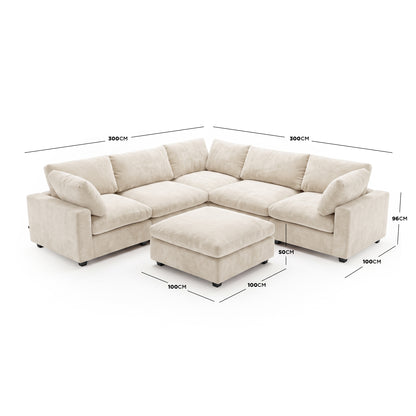 Beige sectional sofa with ottoman on white background with dimension lines