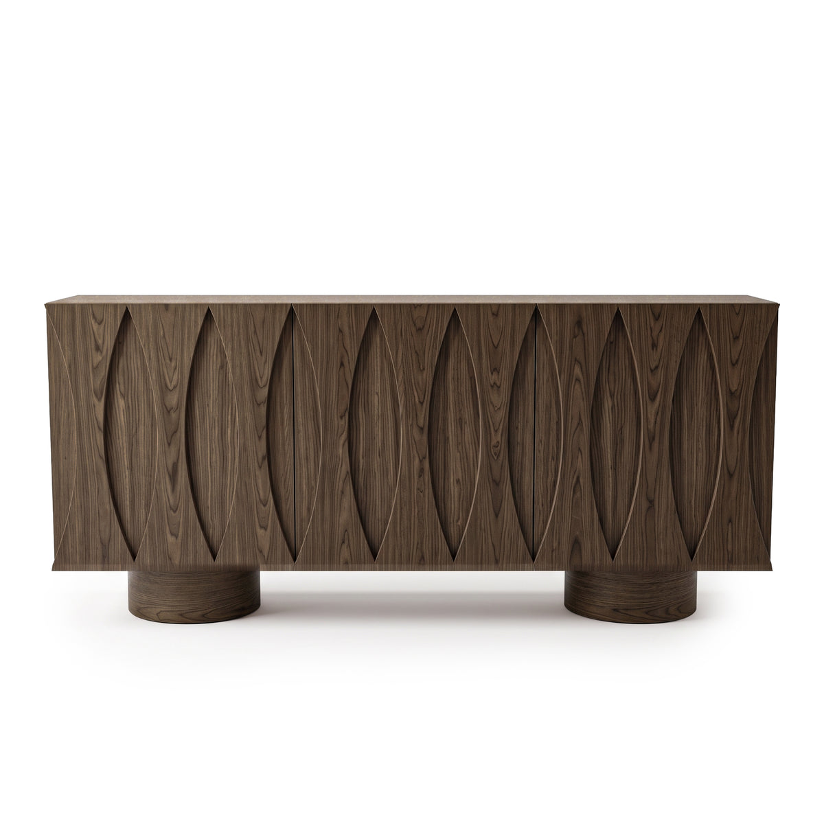 Dark timber sideboard with textured oval carved door fronts and round cylinder legs against a plain white studio background.