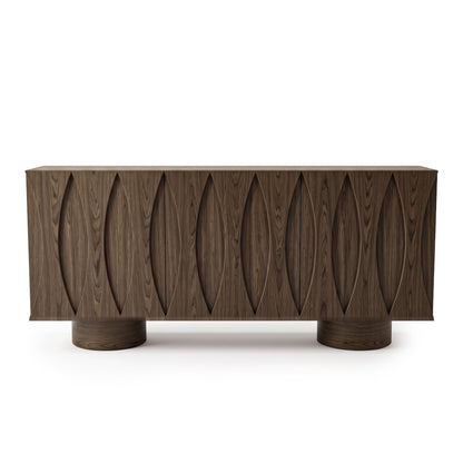Dark timber sideboard with textured oval carved door fronts and round cylinder legs against a plain white studio background.