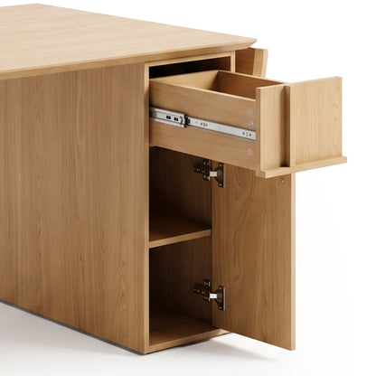 Wooden desk or cabinet-style furniture with open drawer and open storage compartment on white background