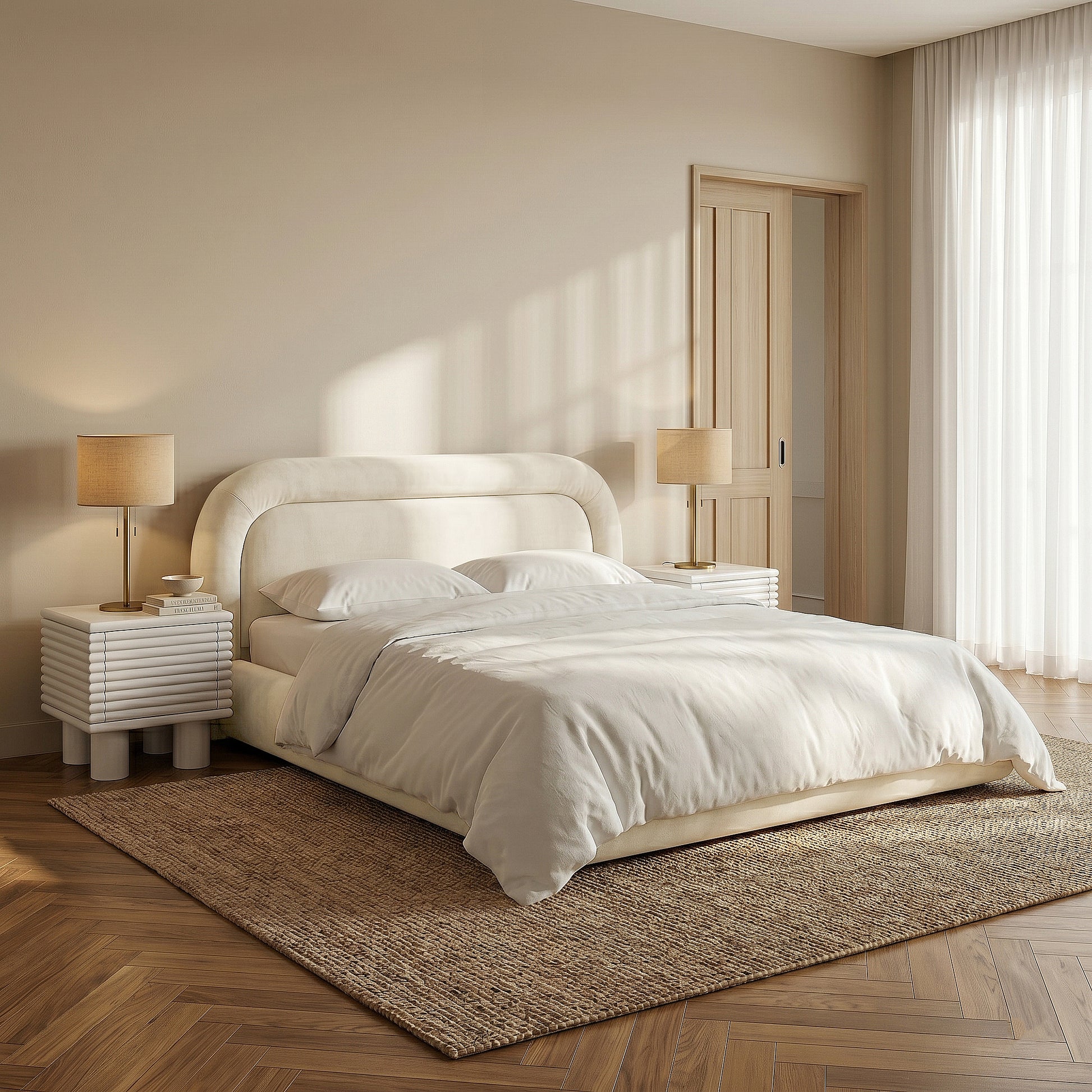 Upholstered bed in a furnished bedroom with nightstands and lamps